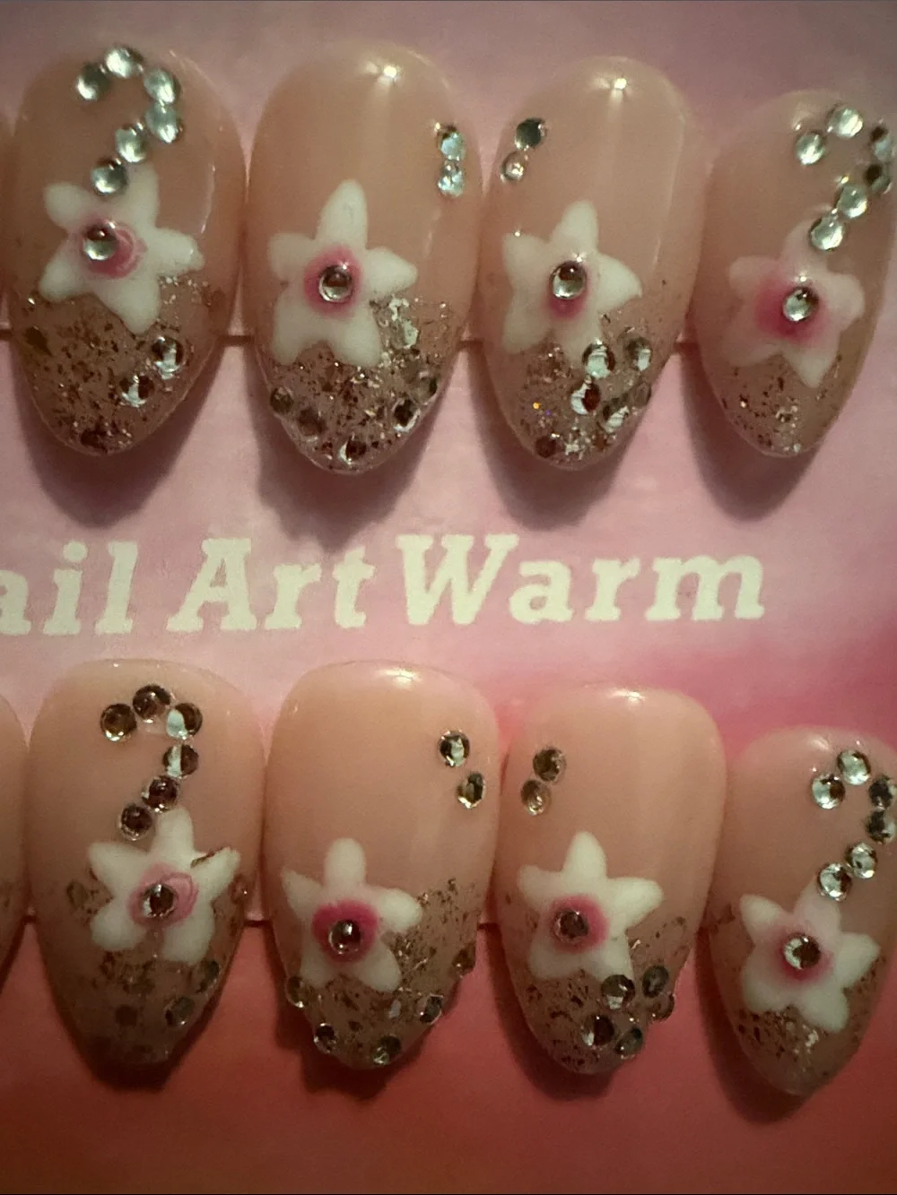 Pink Floral Rhinestone handmade acrylic Press-On Nails
